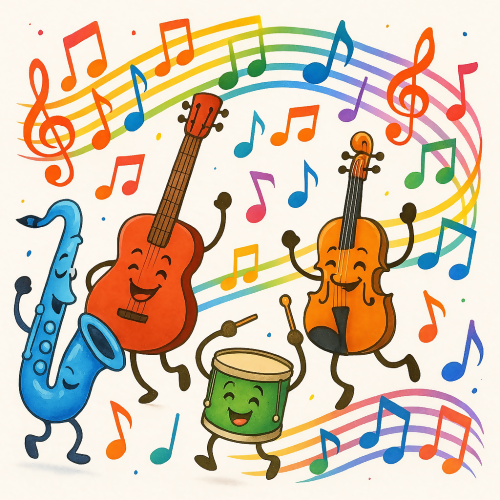 Kids and Playful - Rainbow Musical Notes with Dancing Instruments - Pattern - Digital File Digital My Custom Designs PDF