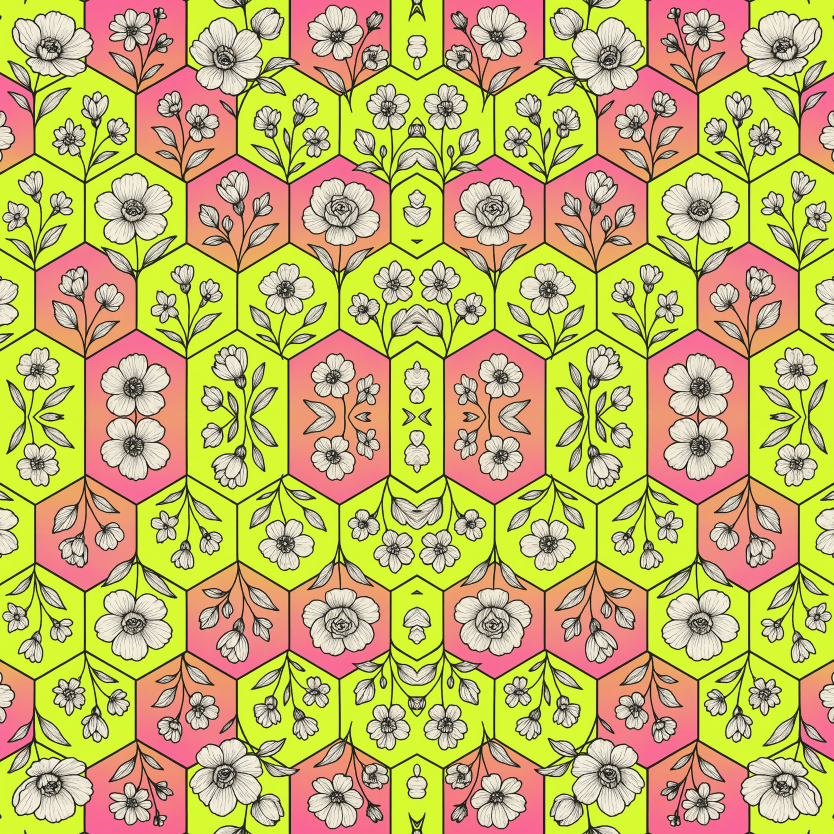 Floral Geometric Fusion - Minimal Black and White Flowers Over Neon Hexes Pattern - Digital File Digital My Custom Designs PDF