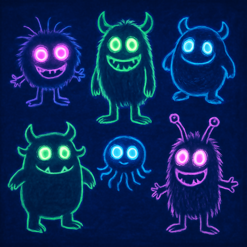 Kids and Playful - Silly Monsters With Glowing Neon Eyes On Deep Blue - Pattern - Digital File Digital My Custom Designs PDF