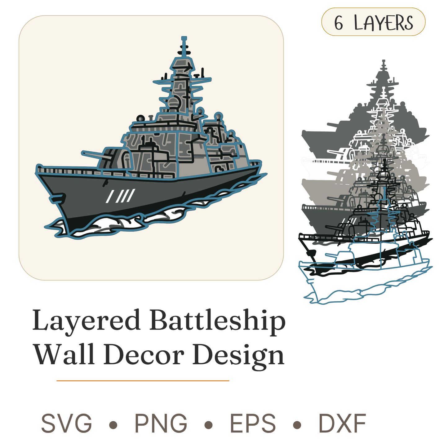 Battleship - Layered Line Design - Military - Digital File - ZIP File - Digital