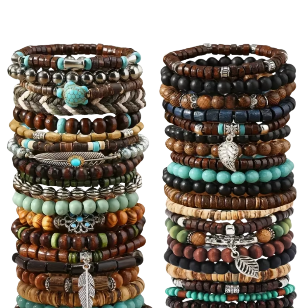 Bohemian Wooden Beaded Bracelets Desert Turquoise 50 per Set- Seller Supplies My Custom Designs