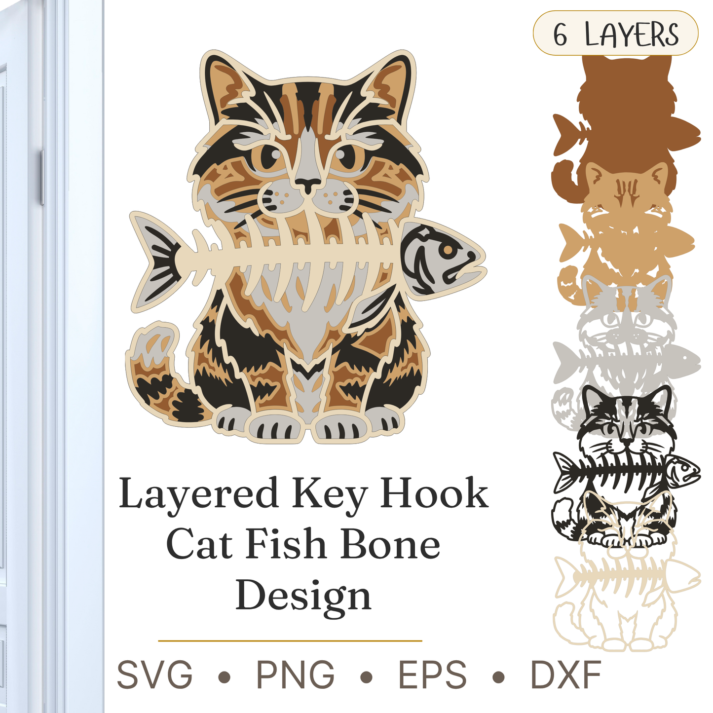 Cat Fishbone Key Holder - Layered Line Designs - Digital File - ZIP File - Digital