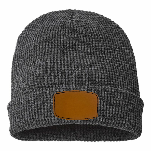 Waffle Knit Beanie with Custom Leather Curved Rectangle Patch My Custom Designs Gunpowder