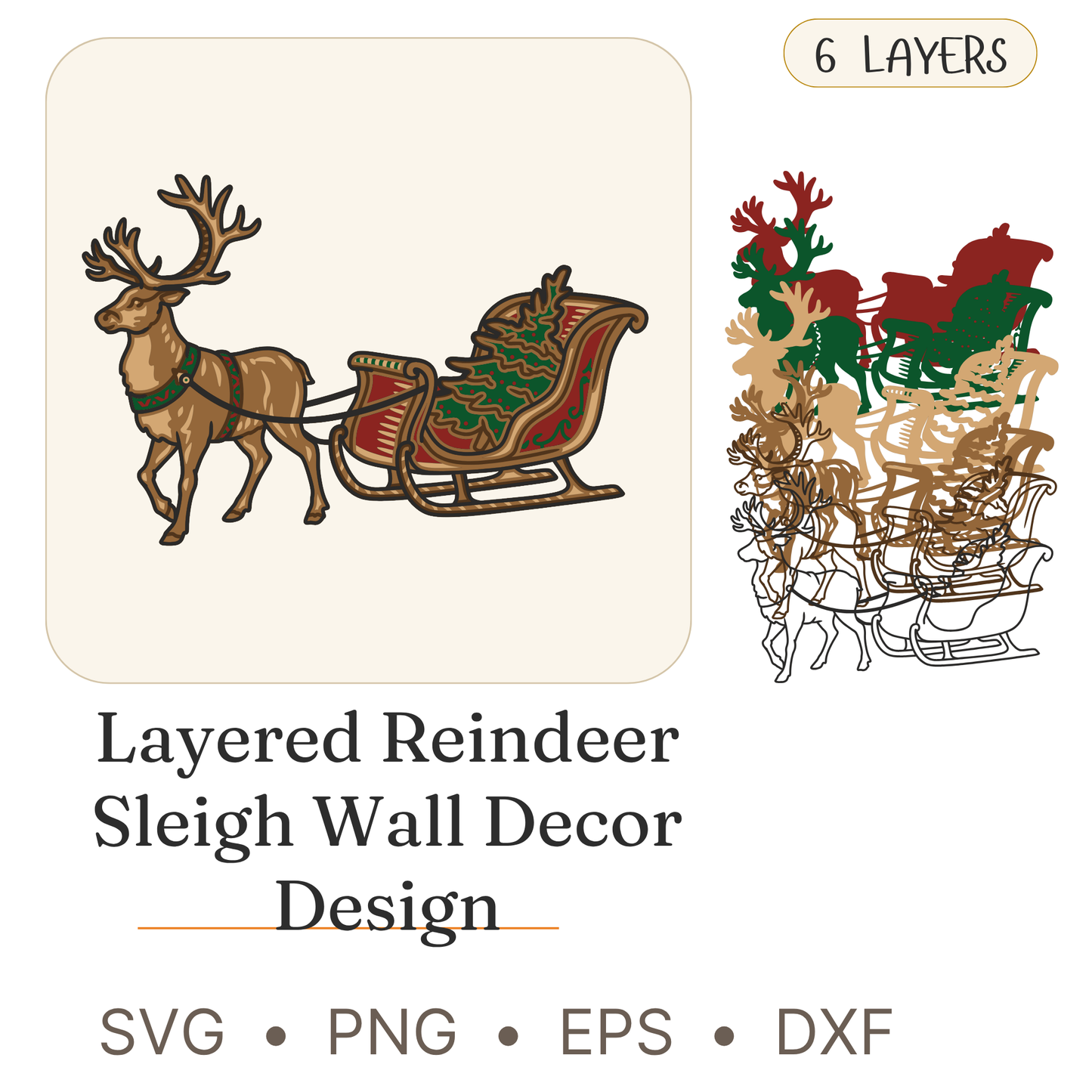 Christmas Sleigh - Layered Line Design - Christmas - Digital File - ZIP File - Digital