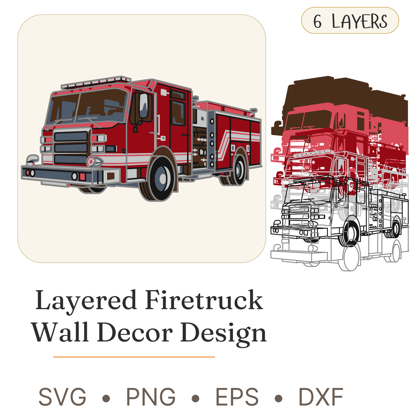 Firetruck - Vehicle - Layered Line Design - Digital File - ZIP File - Digital
