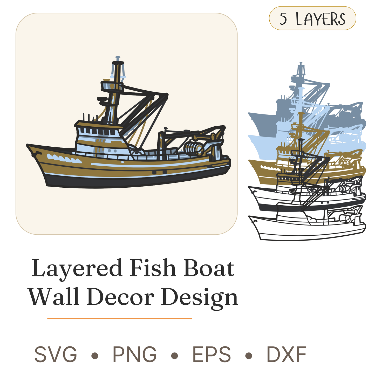 Fishing Boat - Layered Line Design - Boats - Digital File - ZIP File - Digital