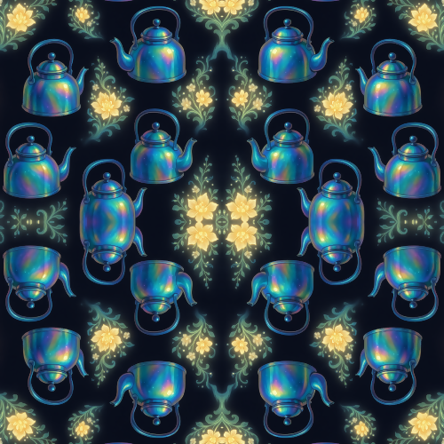 Food and Drinks - Iridescent Tea Kettles With Glowing Floral Steam - Pattern - Digital File Digital My Custom Designs PDF