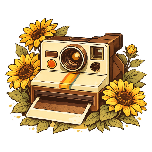 Retro Camera with Sunflowers Burst - Art & Aesthetics - T Shirt Designs - Digital File Digital My Custom Designs 300 DPI PNG