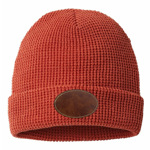Waffle Knit Beanie with Custom Leather Oval Patch My Custom Designs