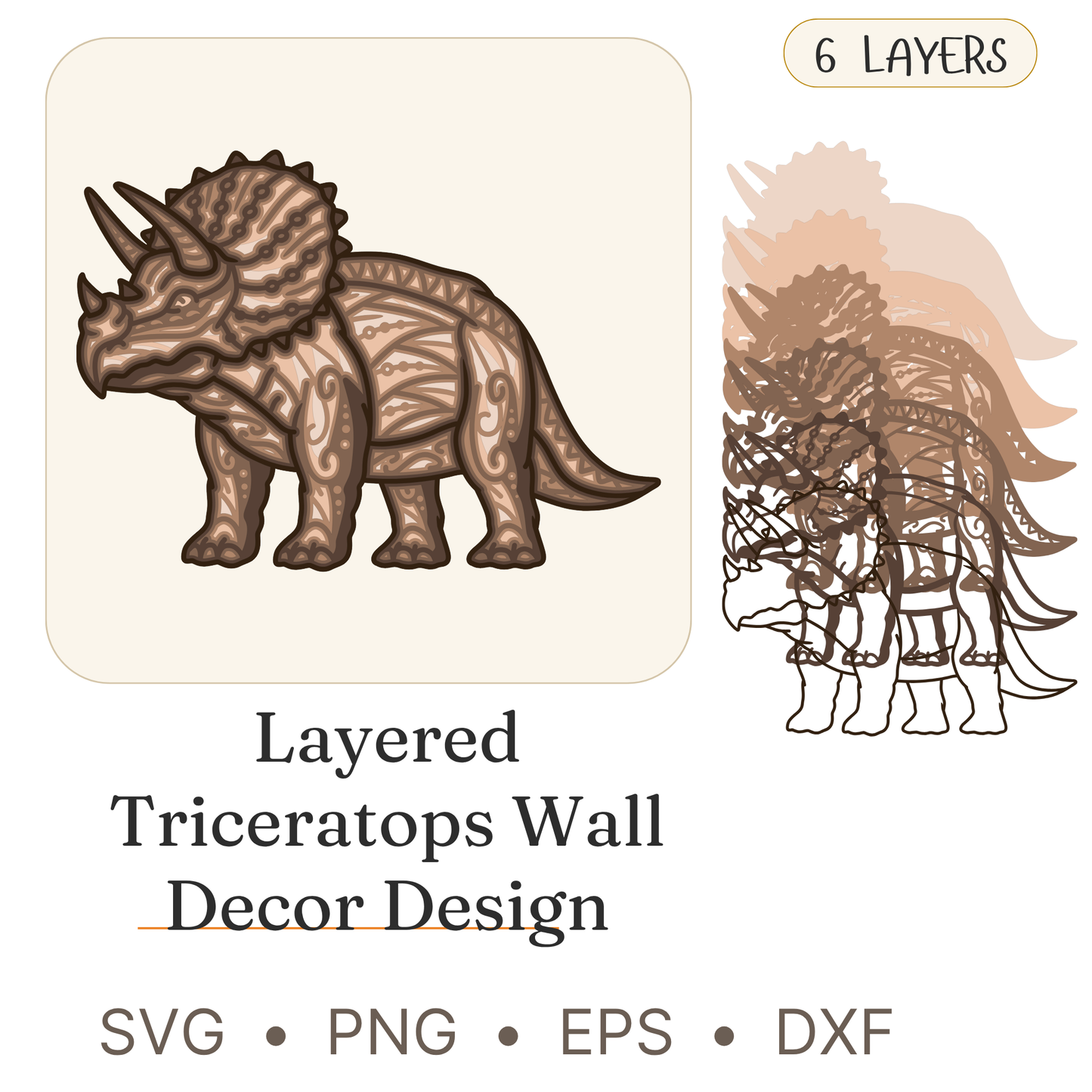 Triceratops - Dinosaurs - Layered Line Designs - Digital File - ZIP File - Digital