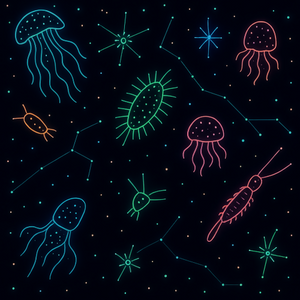 Water and Ocean - Neon Plankton Constellations In Deep Black - Pattern - Digital File