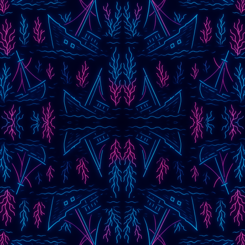 Water and Ocean - Neon Shipwreck Silhouettes With Electric Sea Moss - Pattern - Digital File