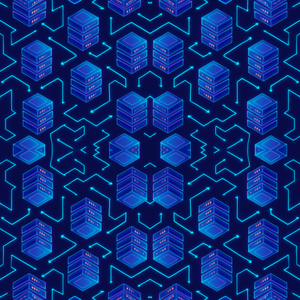 Technology and Digital - Isometric Neon Data Servers With Glowing Connections - Pattern - Digital File