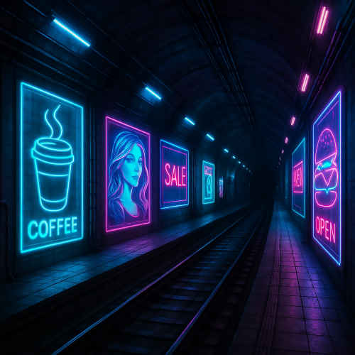 Futuristic & Sci-Fi - Subterranean Neon Metro Tunnels with Holographic Ads - Pattern - Digital File Digital My Custom Designs PDF