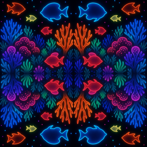 Water and Ocean - Neon Coral Reefs With Glowing Tropical Fish Silhouettes - Pattern - Digital File
