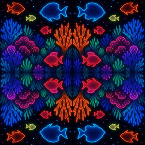 Water and Ocean - Neon Coral Reefs With Glowing Tropical Fish Silhouettes - Pattern - Digital File