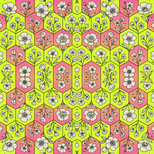 Floral Geometric Fusion - Minimal Black and White Flowers Over Neon Hexes Pattern - Digital File Digital My Custom Designs PDF