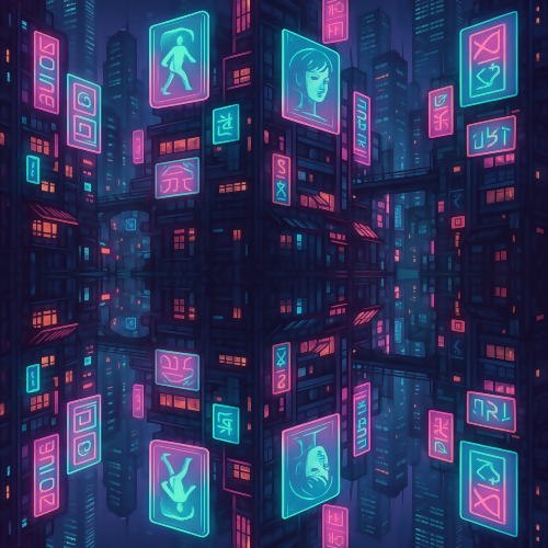 Gaming and Pop Culture - Cyberpunk Cityscapes With Holographic Billboards - Pattern - Digital File Digital My Custom Designs PDF