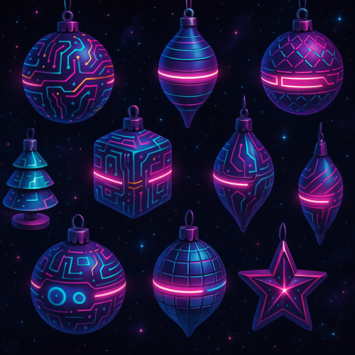 Holiday and Seasonal - Cyberpunk Christmas Ornaments Floating In Space - Pattern - Digital File Digital My Custom Designs PDF