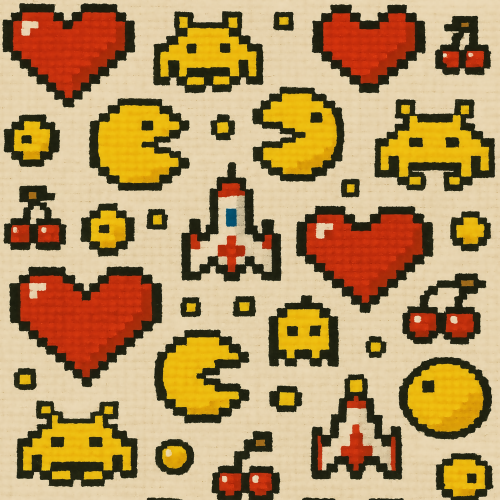 Vintage and Retro - Pixelated 8-bit Hearts And Arcade Icons - Pattern - Digital File
