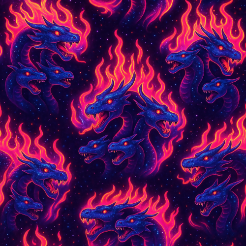 Fantasy and Myth - Galactic Hydra Heads In Neon Fire - Pattern - Digital File Digital My Custom Designs PDF