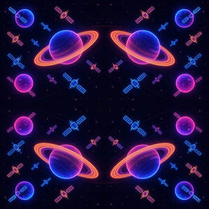 Space and Cosmic - Glowing Satellites In Orbit Around Neon Planets - Pattern - Digital file
