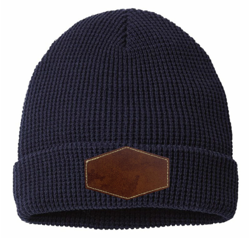 Waffle Knit Beanie with Custom Leather Hexagon Patch