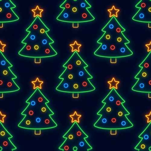 Holiday and Seasonal - Neon Christmas Trees With Glowing Ornaments On Deep Midnight Blue - Pattern - Digital File Digital My Custom Designs PDF