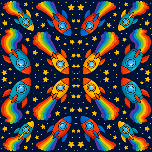 Kids and Playful - Bright Cartoon Rockets With Rainbow Smoke Trails On Navy Sky - Pattern - Digital File Digital My Custom Designs PDF