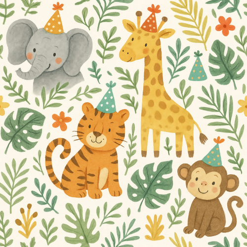 Kids and Playful - Whimsical Jungle Animals With Party Hats - Pattern - Digital File Digital My Custom Designs PDF