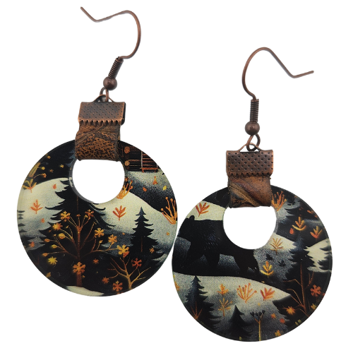 Coin Strap Leather Winter Woods Earrings