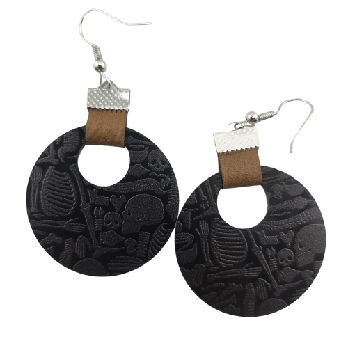 Coin Strap Leather Skull And Bones Earrings