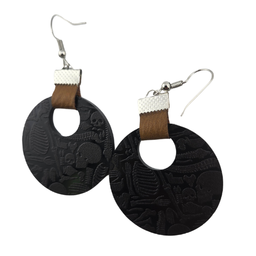 Coin Strap Leather Skull And Bones Earrings