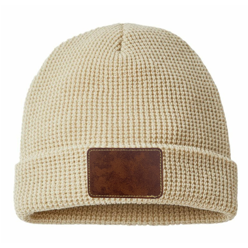 Waffle Knit Beanie with Custom Leather Rectangle Patch