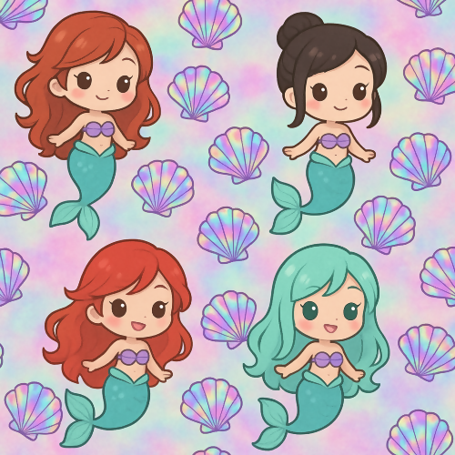 Kids and Playful - Chibi Mermaids And Holographic Seashells - Pattern - Digital File Digital My Custom Designs PDF