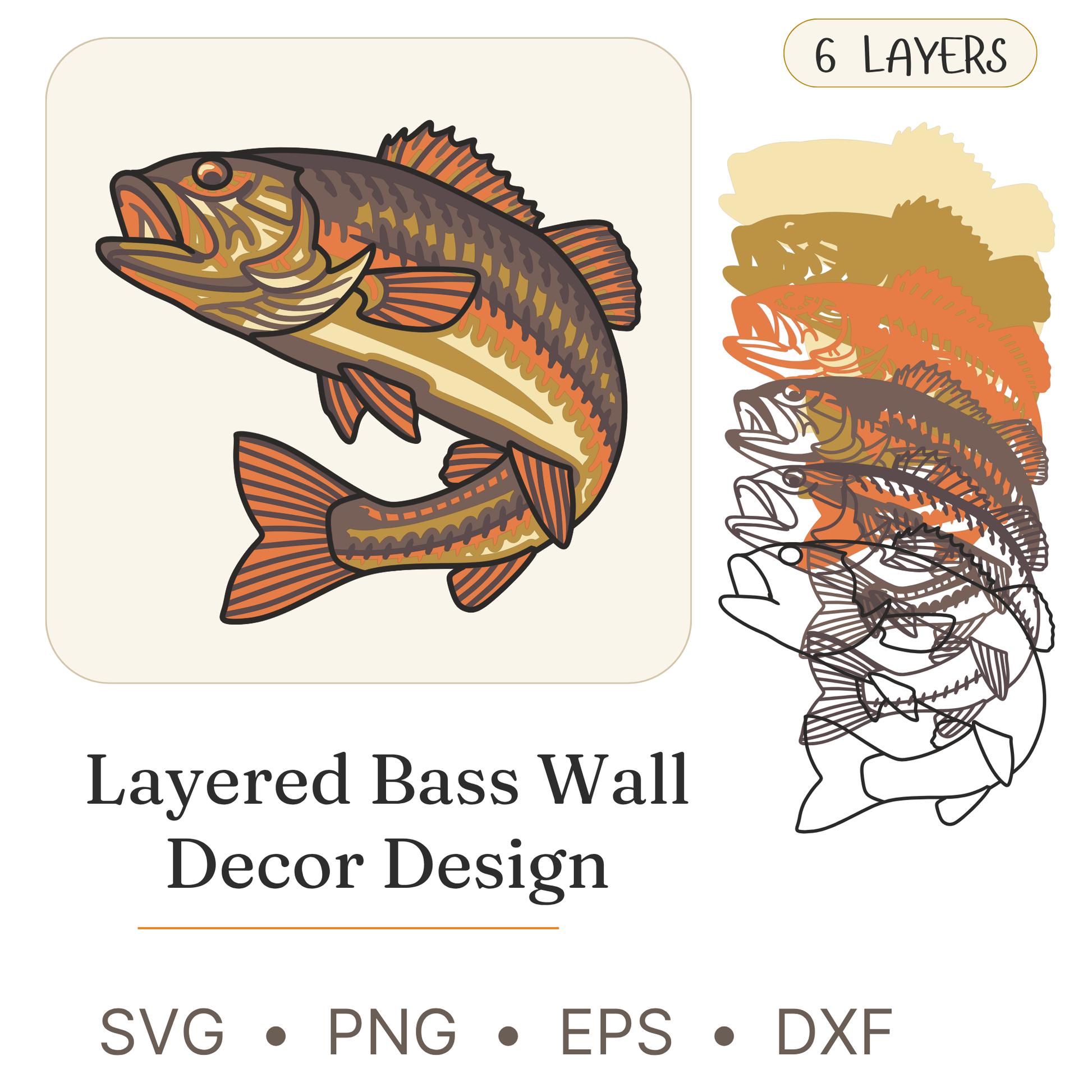 Bass Fish - Animal - Layered Line Design - Digital File - ZIP File - Digital