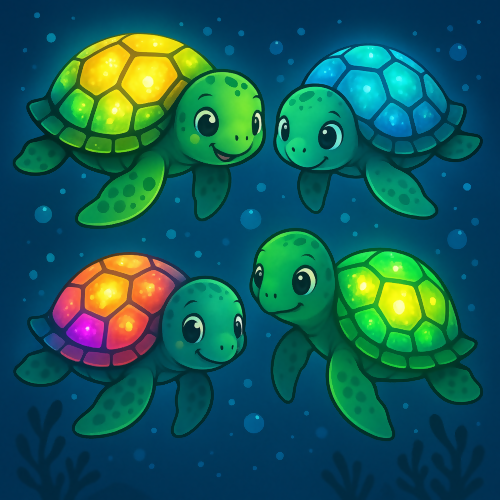 Water and Ocean - Cartoon Sea Turtles With Glowing Shell Mosaics - Pattern - Digital File