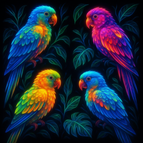 Animal and Wildlife - Neon Jungle Parrots With Glowing Feathers On Black - Pattern - Digital file Digital My Custom Designs PDF