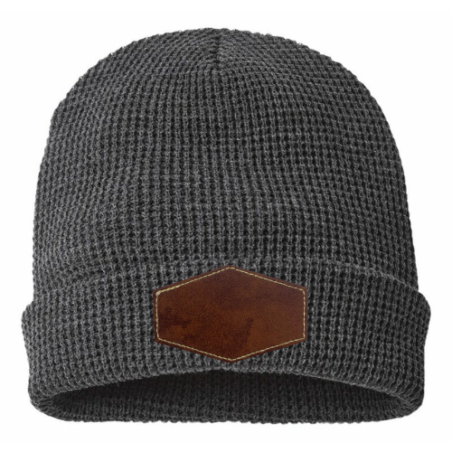 Waffle Knit Beanie with Custom Leather Hexagon Patch