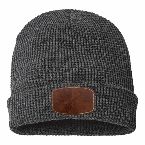 Waffle Knit Beanie with Custom Leather Curved Rectangle Patch