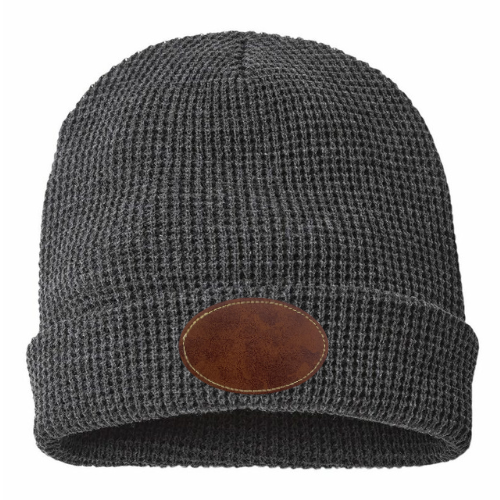 Waffle Knit Beanie with Custom Leather Oval Patch