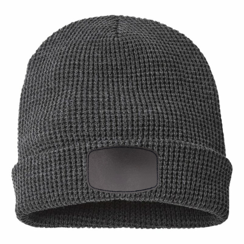 Waffle Knit Beanie with Custom Leather Curved Rectangle Patch