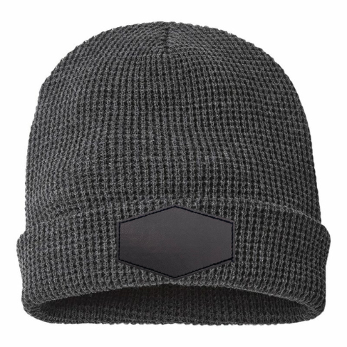 Waffle Knit Beanie with Custom Leather Hexagon Patch