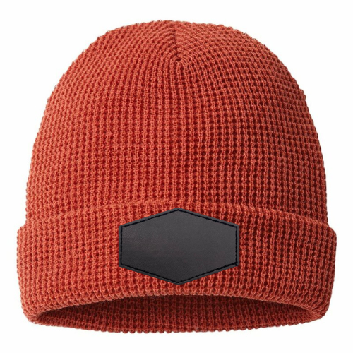 Waffle Knit Beanie with Custom Leather Hexagon Patch