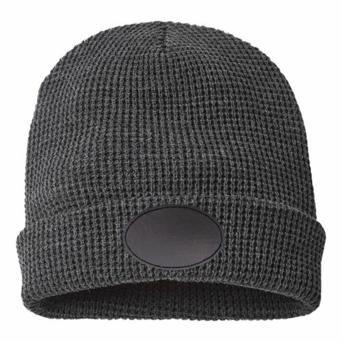 Waffle Knit Beanie with Custom Leather Oval Patch