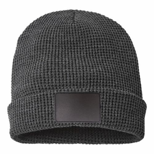 Waffle Knit Beanie with Custom Leather Rectangle Patch