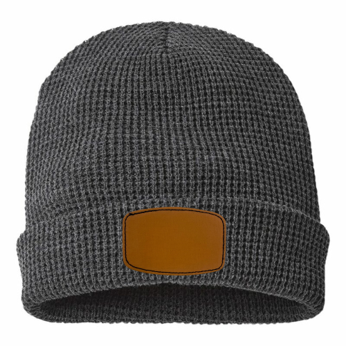 Waffle Knit Beanie with Custom Leather Curved Rectangle Patch