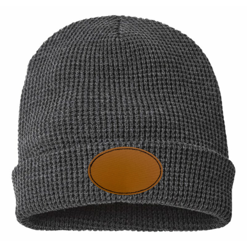 Waffle Knit Beanie with Custom Leather Oval Patch