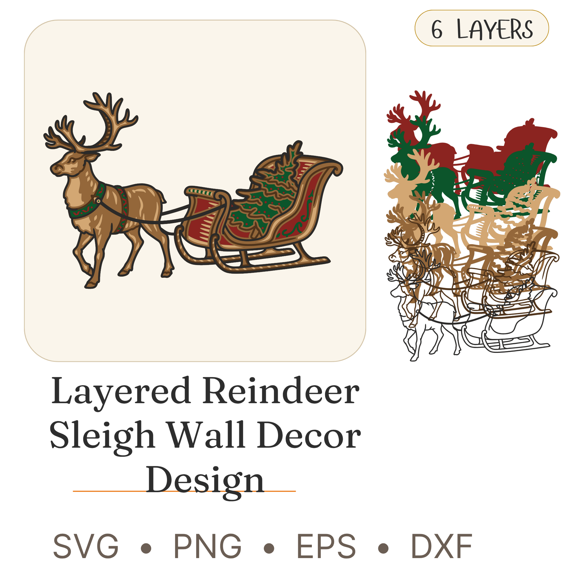 Christmas Sleigh - Layered Line Design - Christmas - Digital File - ZIP File - Digital