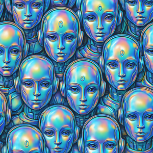 Technology and Digital - Futuristic AI Robot Faces in Multicolor Chrome - Pattern - Digital File